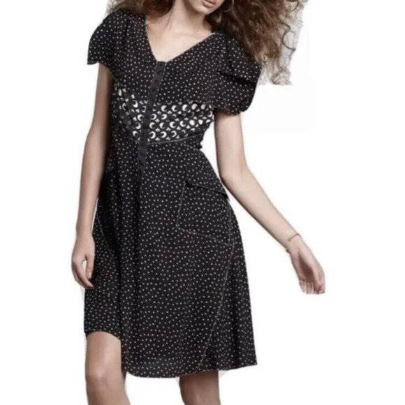 Byron Lars Beguile Black Tan Laser Cut Fit & Flare Flutter Midi Dress 2 Spotted - Picture 9 of 9